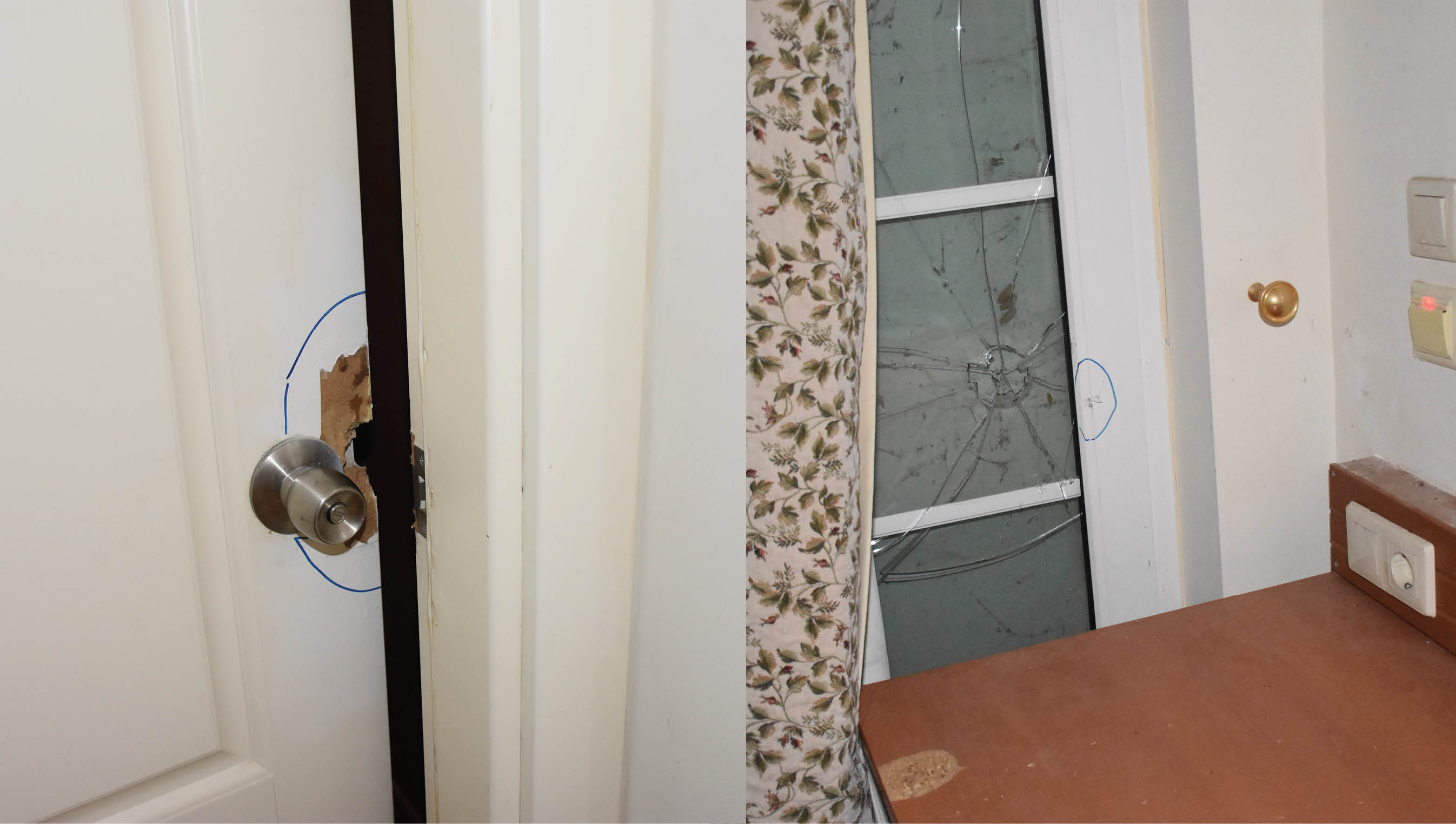 Marmaris'te darbecilerin 15 Temmuz gecesi zarar verdiği otel odasındaki izler korunuyor